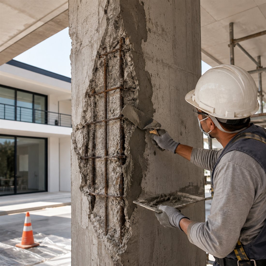 Profissional recuperando um pilar de concreto com armadura exposta