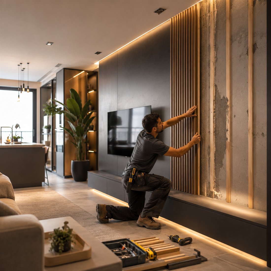 Profissional instalando painel de madeira ripada em apartamento reformado