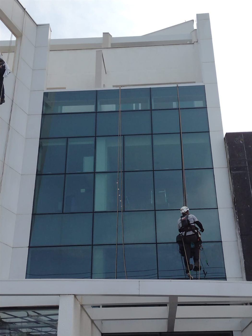 Trabalho de fachada em altura com acesso por corda